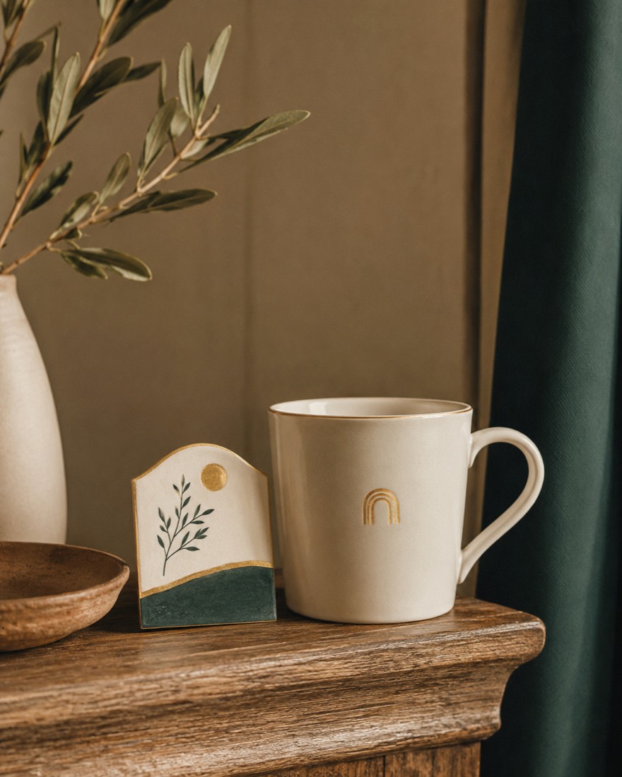 An ivory ceramic mug with a small gold arch motif beside a compact illustrated object