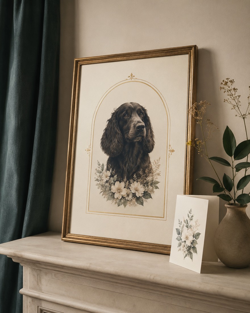 A framed illustrated pet portrait beside a folded keepsake card on a pale shelf