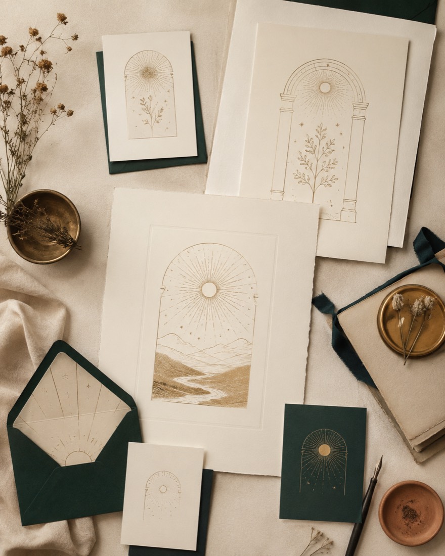 A spread of ivory art prints and stationery with fine antique-gold arch-and-sun linework