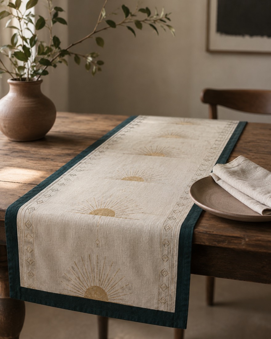 An ivory printed table runner with a midnight-teal border and antique-gold sunrise motifs on a wooden dining table