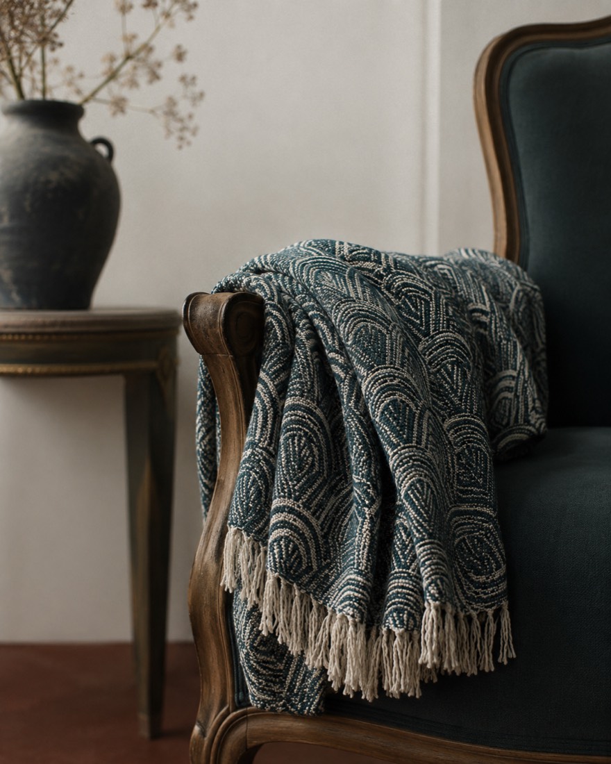 A folded woven throw in midnight teal and ivory with a subtle arch motif over a chair