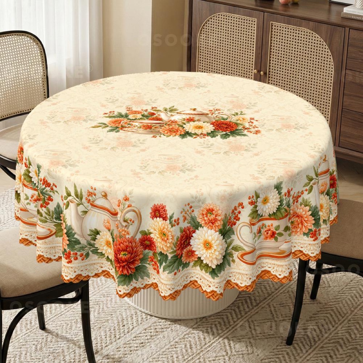 Vintage Teapot and Autumn Floral Tablecloth