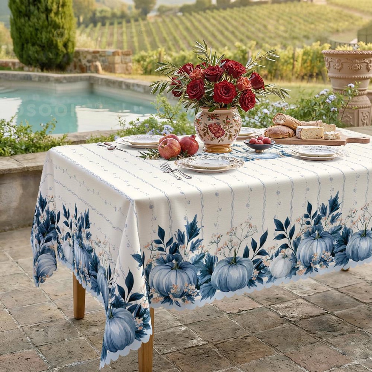 Blue Pumpkin Border Autumn Tablecloth with Navy Foliage