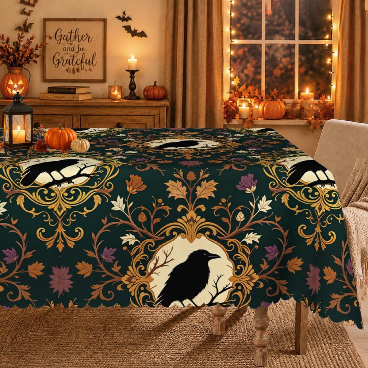 Gothic Raven Cameo Halloween Tablecloth Deep Teal Fall Decor