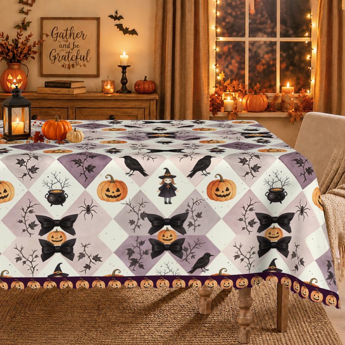Vintage Harlequin Halloween Tablecloth with Jack-o-Lanterns and Crows