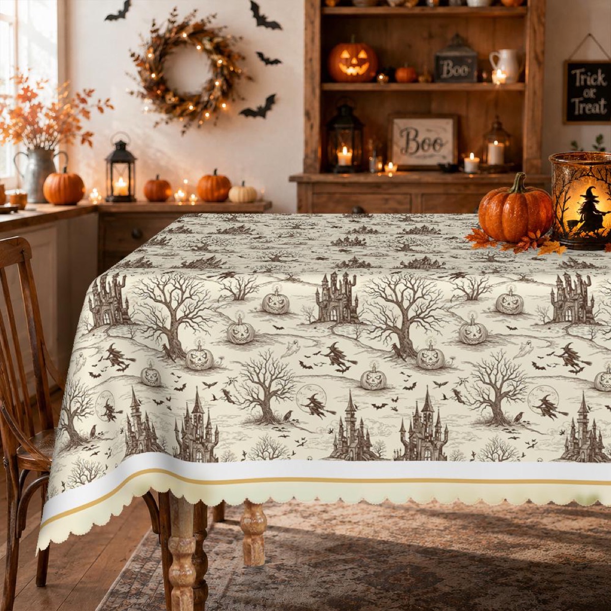 Vintage Sketch Haunted Castle Halloween Tablecloth