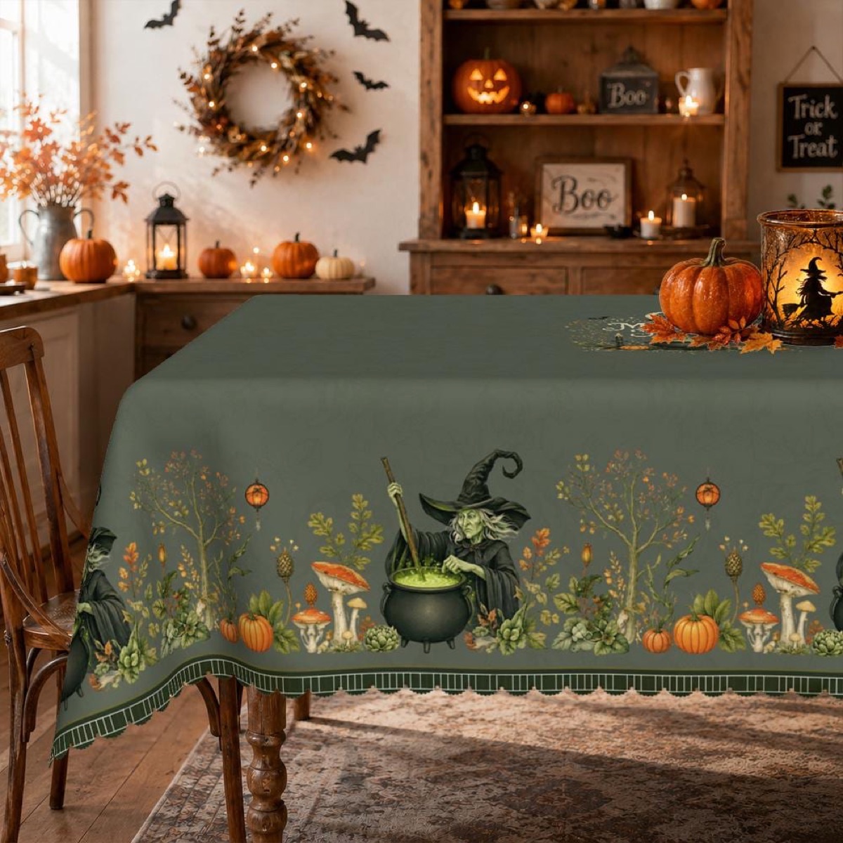 Vintage Witch and Cauldron Midnight Magic Halloween Tablecloth