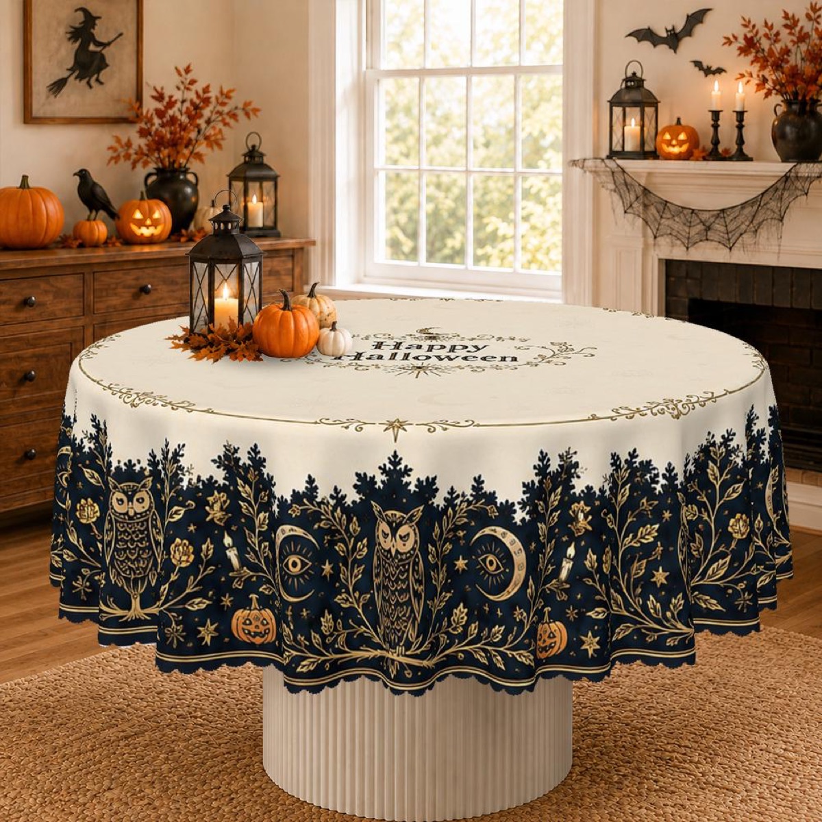 Mystical Owl Moon Halloween Tablecloth, Dark Academia Gold Floral Decor, Gothic Party Mat