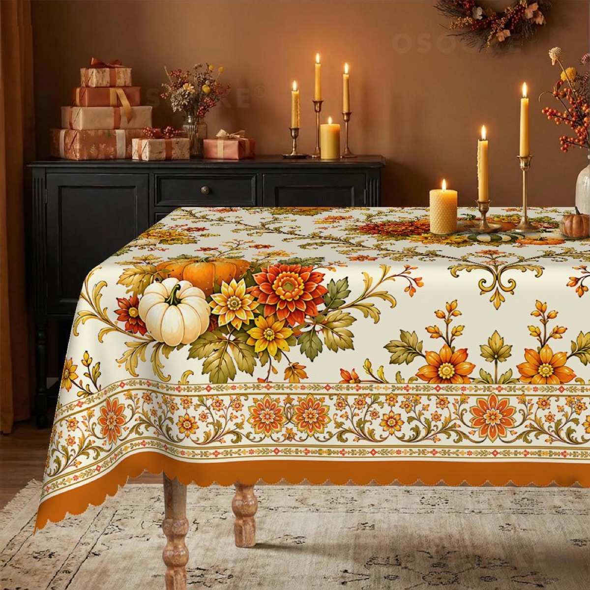Pumpkin and Dahlia autumn tablecloth