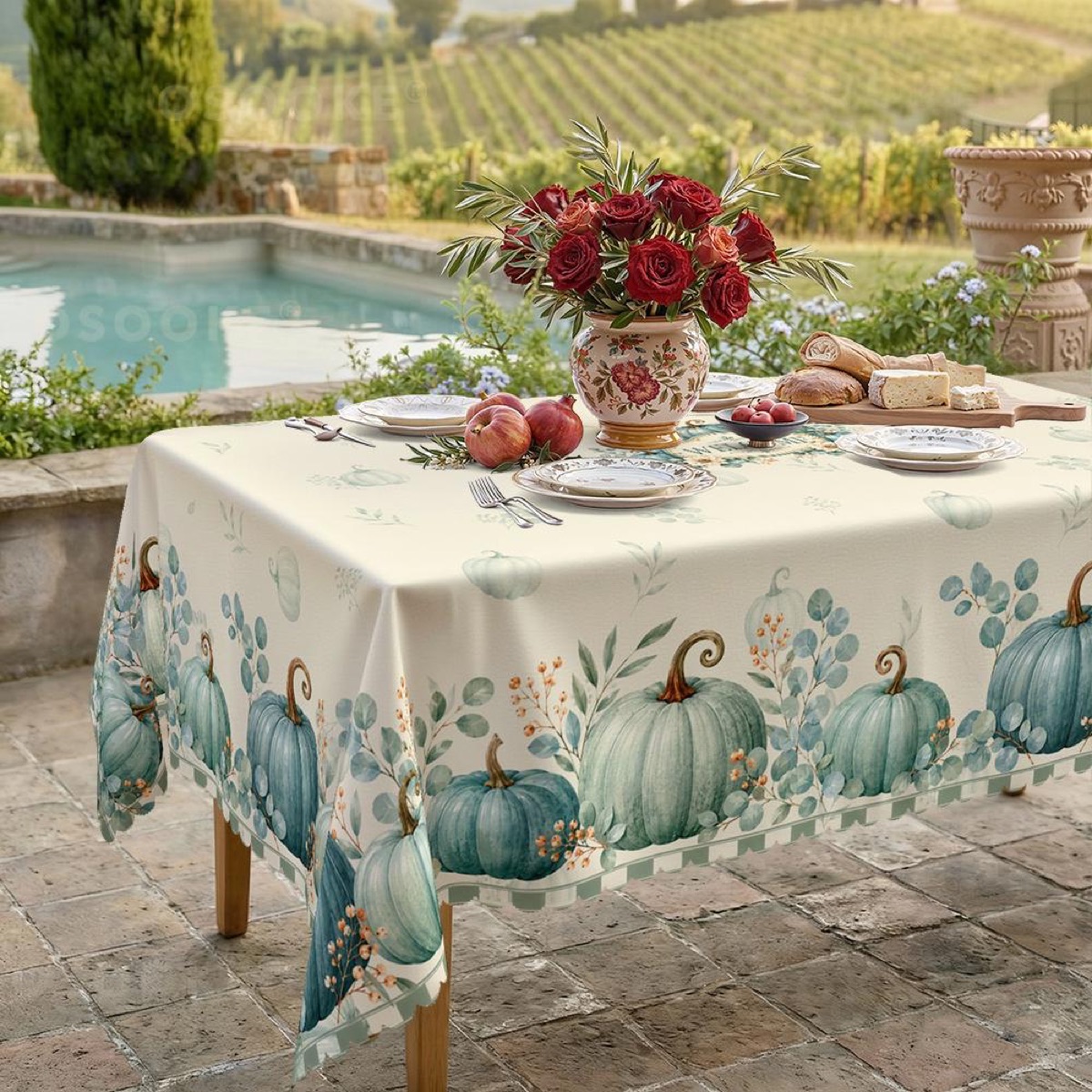 Teal Pumpkin Autumn Tablecloth with Eucalyptus Leaves