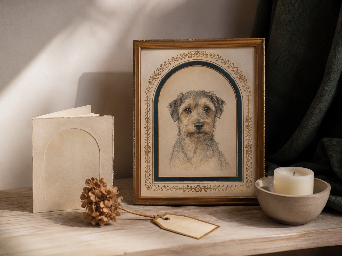 A quiet memorial vignette: a small framed illustrated companion portrait beside a keepsake card, gold-edged tag, dried flower and a low candle