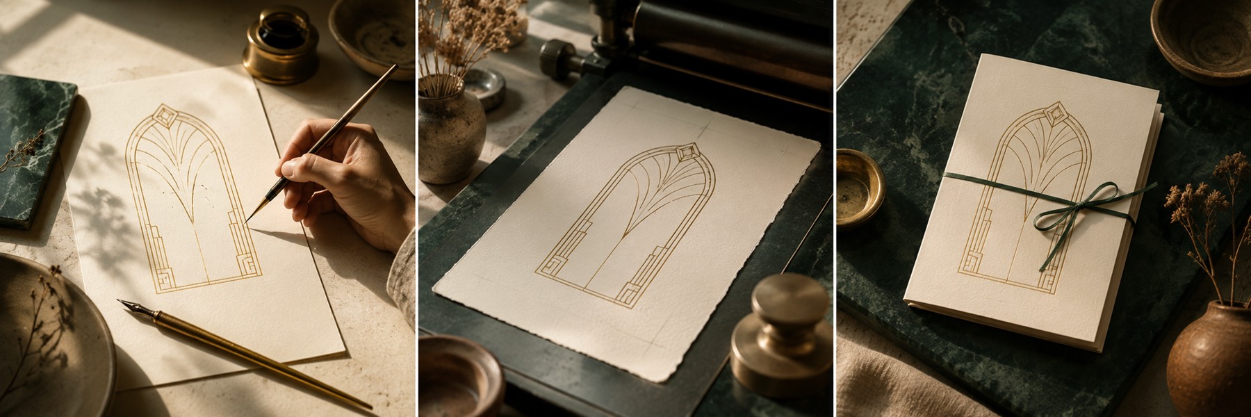 Three stages of a HOLVERNE piece: a hand drawing a gold arch on ivory paper, a press proof, and the finished folded card tied with ribbon
