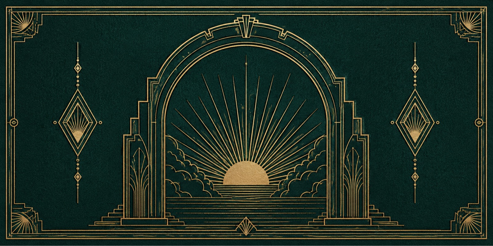 A HOLVERNE motif panel: an arched portal framing a rising sun with diamond and border ornaments in antique-gold linework on midnight teal