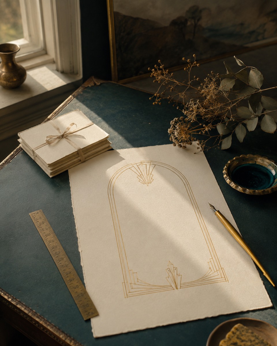A HOLVERNE atelier desk: ivory paper with a gold Art Deco arch drawing, a gold dip-pen, brass ruler, teal ink and dried botanicals in warm window light