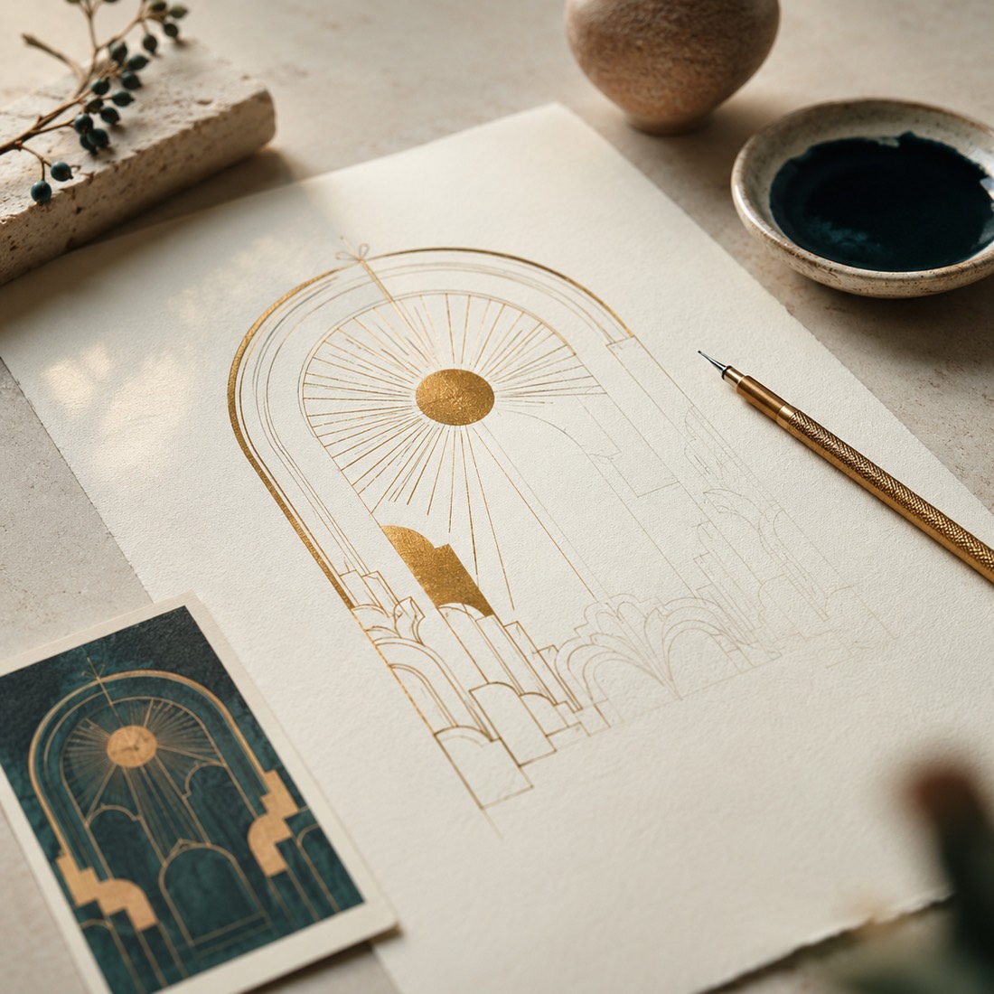 An original HOLVERNE illustration in progress: ivory paper with a part-inked arch-and-sun motif, gold pen and teal ink