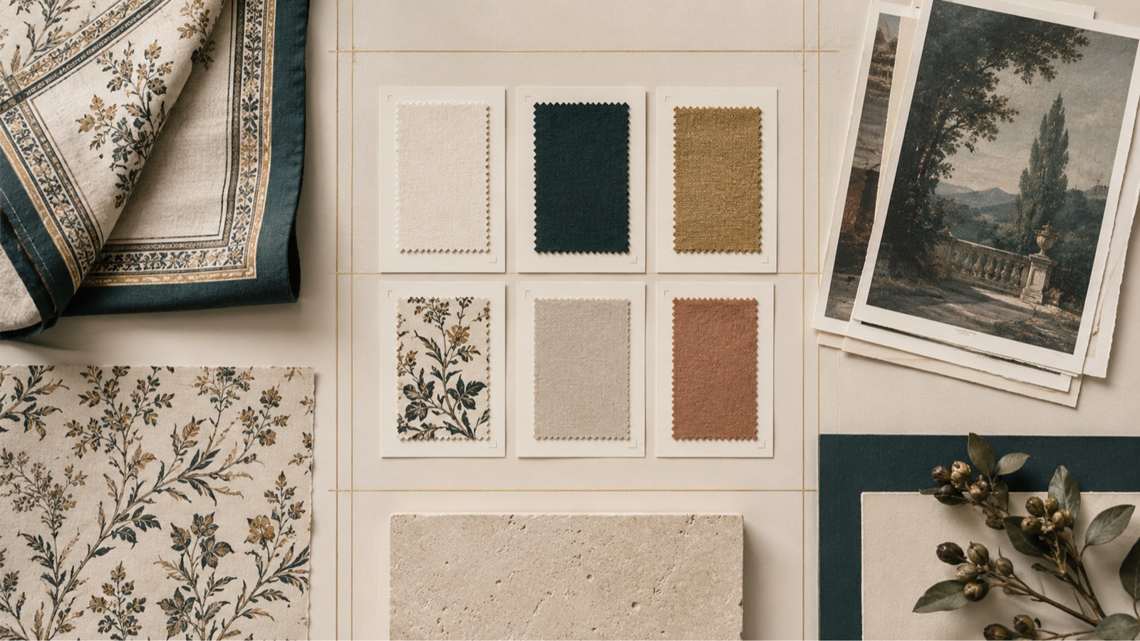 A HOLVERNE buyer line-sheet flat-lay: ivory swatch cards, a printed pattern proof, art prints and a material sample arranged on a warm ivory surface