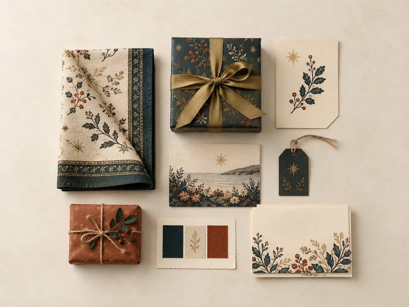 A tidy arrangement of preview HOLVERNE goods and material samples on ivory, indicating range direction still in development