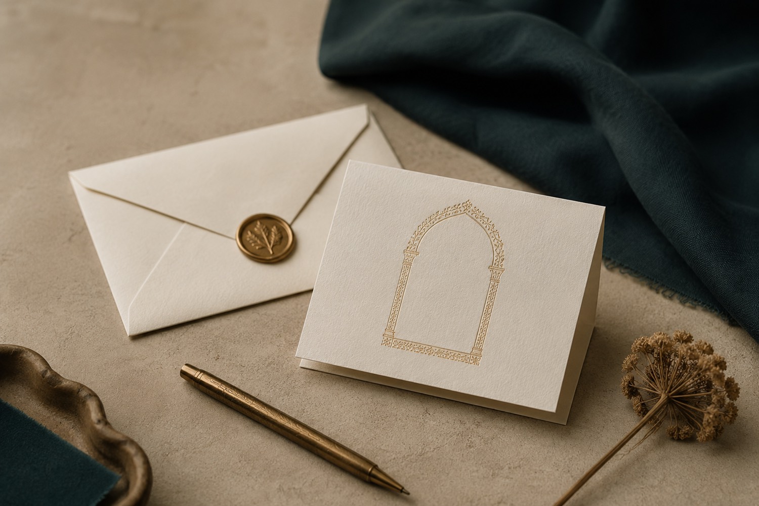 A quiet correspondence still life: an ivory envelope with a gold seal, a folded card with a fine gold arch motif, a slim pen and a dried flower