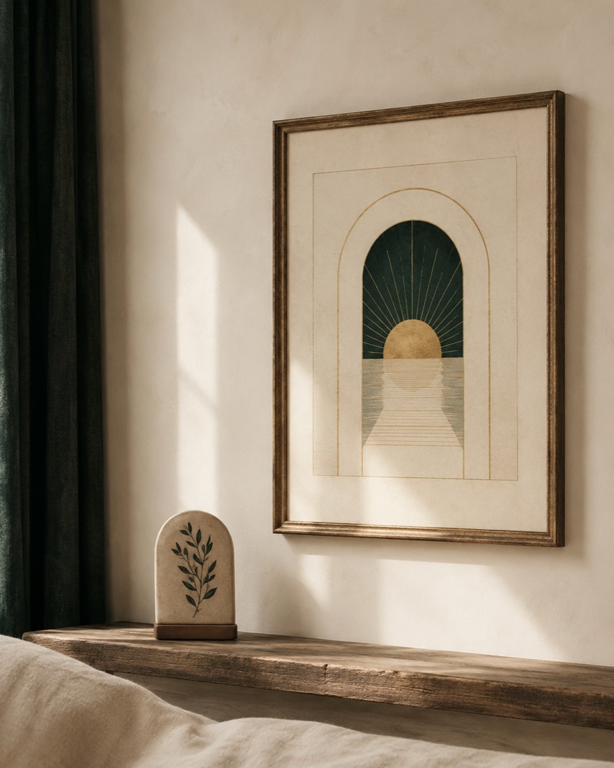 A framed arch-and-sunrise art print on an ivory interior wall