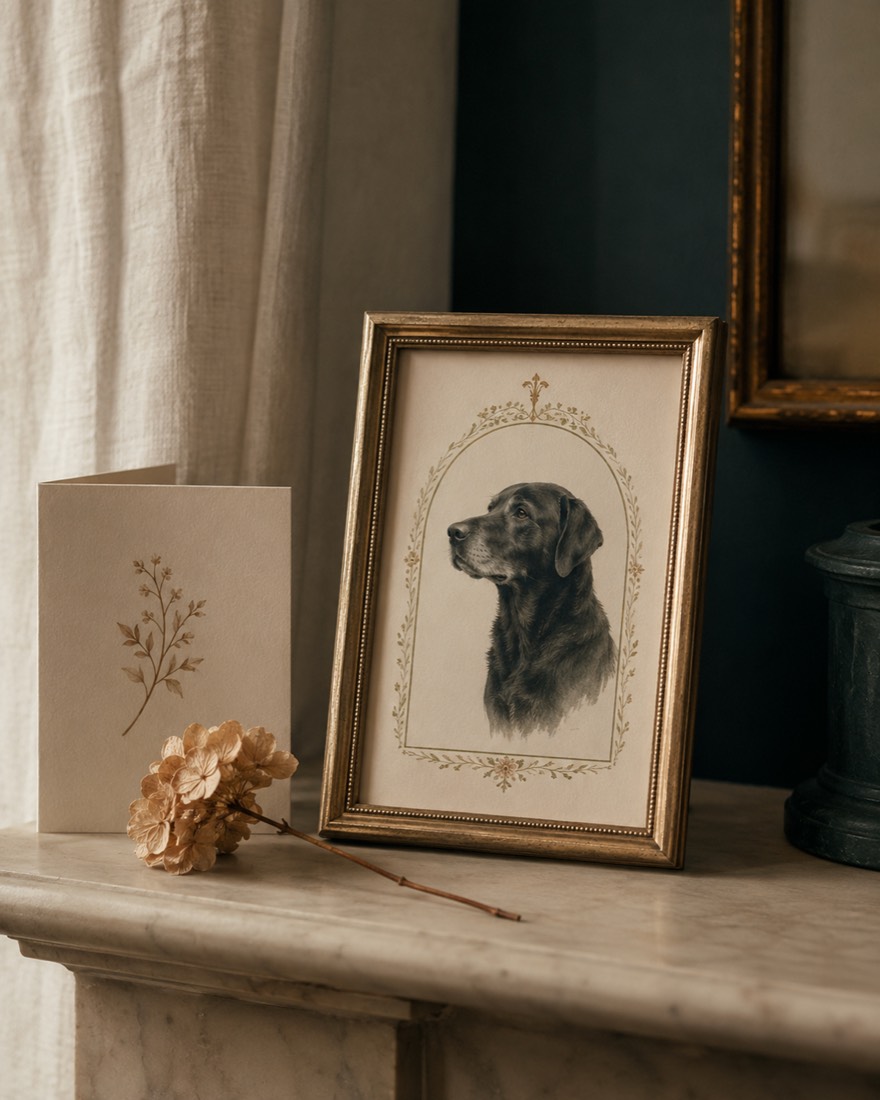 A small framed illustrated companion portrait and keepsake card on a mantel