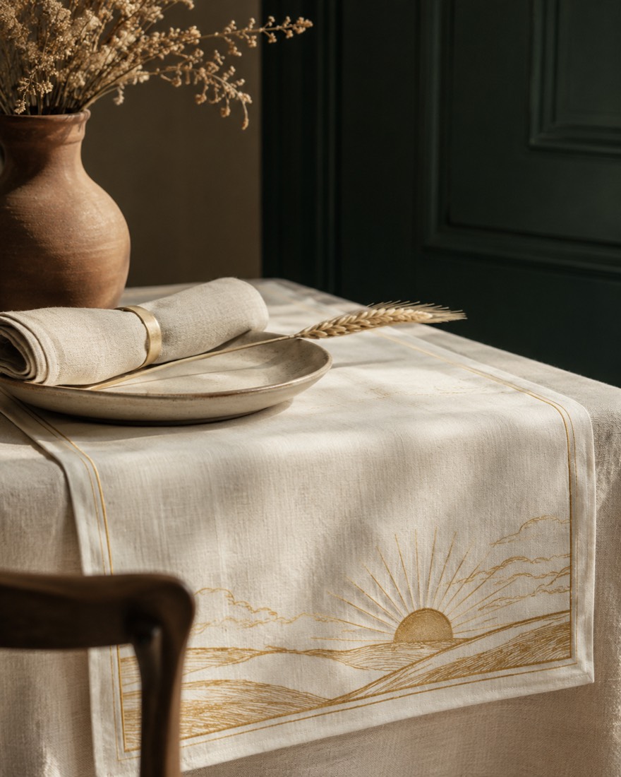 An ivory printed runner and linen napkin on a deliberately set breakfast table